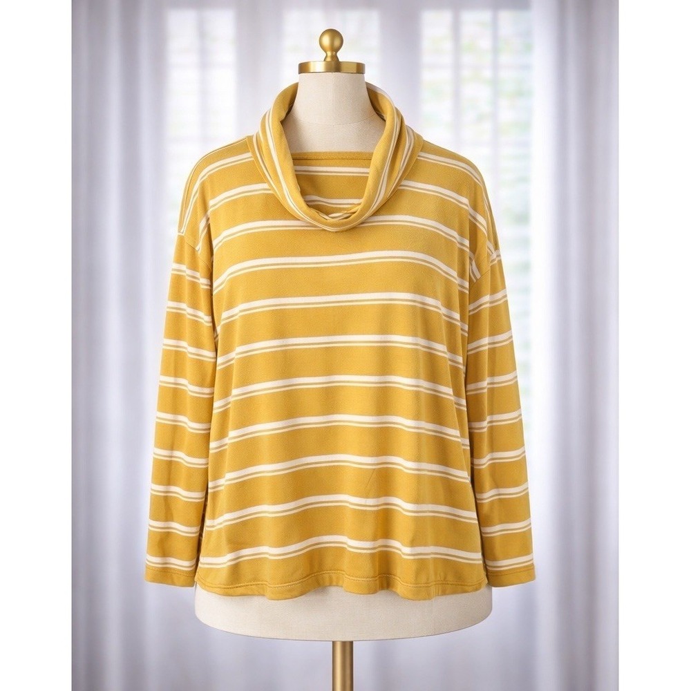 Garnet Hill Cowl Neck Knit Tunic Top Mustard Yellow White Striped Tencel XL